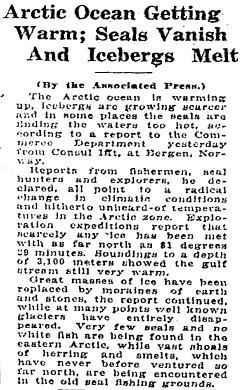 Newspaper clipping of the Associated Press report on Arctic warming, published in The Washington Post on 2 November 1922
